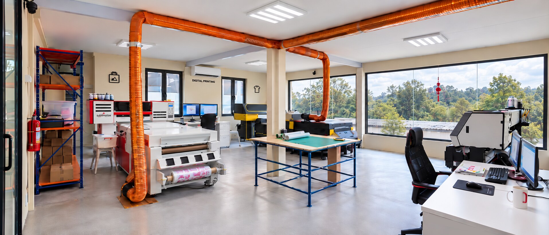 Our printing floor with SUBLIMATIZE roll-to-roll equipment, extraction ducting, controlled environment and large-format printers